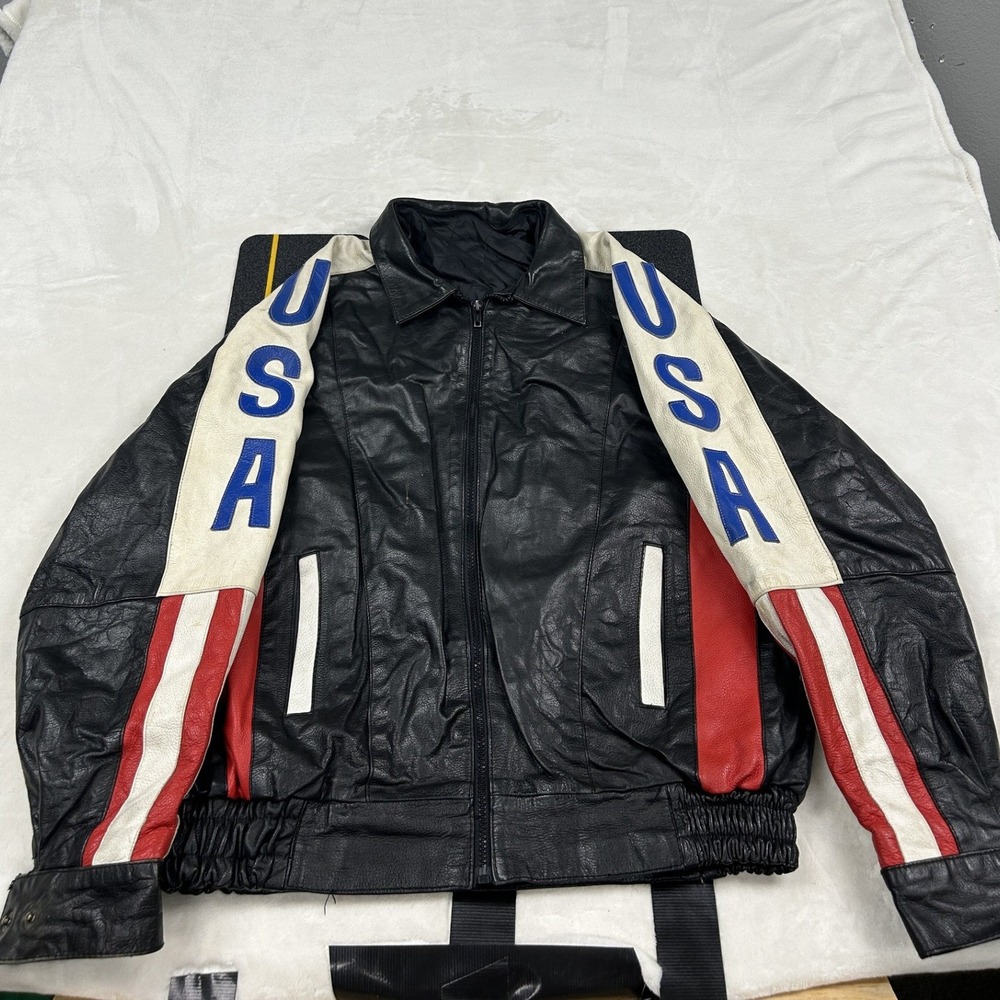 Unbranded Leather Jacket Mens L Black USA Sleeve Racing Bomber Moto F2 - Picture 4 of 10